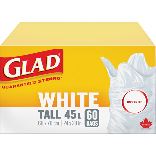 Tall 45L Unscented Garbage Bags, Regular, 24" W x 28" L, White Sidevic Inc.