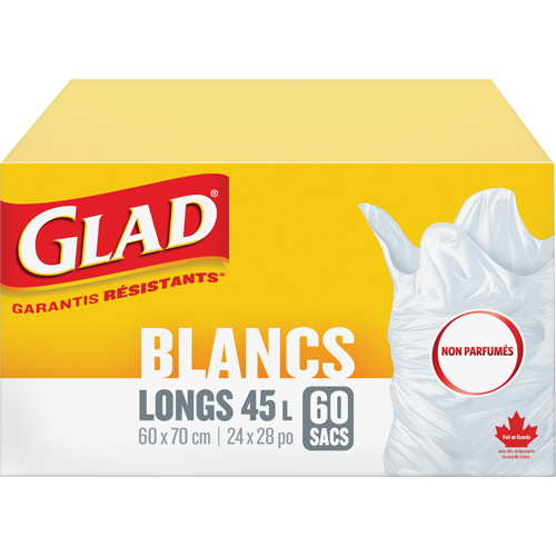 Tall 45L Unscented Garbage Bags, Regular, 24" W x 28" L, White Sidevic Inc.