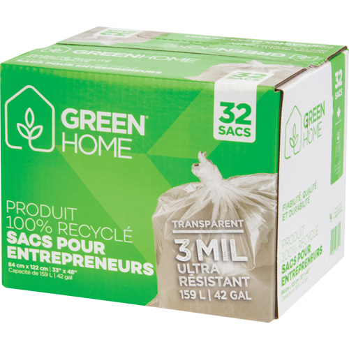 Green Home Garbage Bags, Strong, 33" W x 48" L, 3 mils, Clear, 159 L (42 Gal.) Capacity Sidevic Inc.