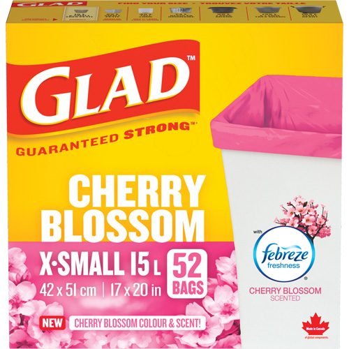 Glad&reg; Cherry Blossom Coloured & Scented Bags, Strong, 17" W x 20" L, Pink, 15 L (3.96 Gal.) Capacity Sidevic Inc.