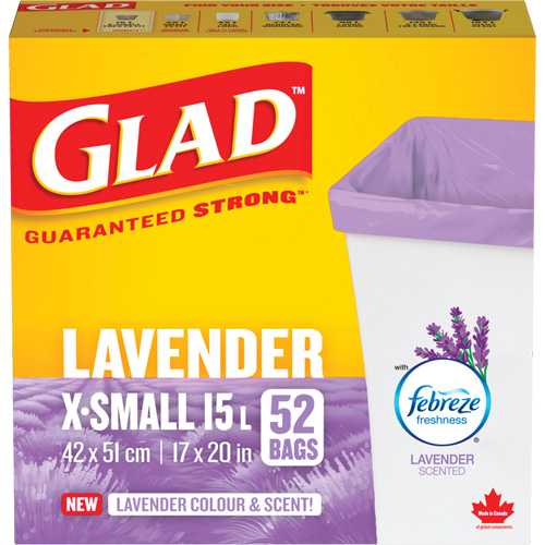 Glad&reg; Lavender Coloured & Scented Bags, Strong, 17" W x 20" L, Purple, 15 L (3.96 Gal.) Capacity Sidevic Inc.