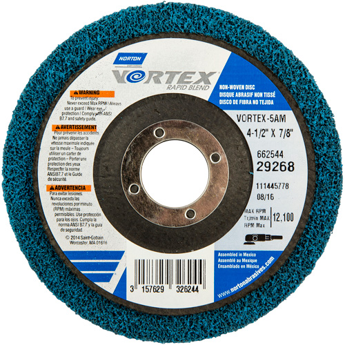 Vortex Non-Woven Disc, 4-1/2" Dia. x 1/2" W, 7/8" Arbor, Aluminum Oxide Sidevic Inc.
