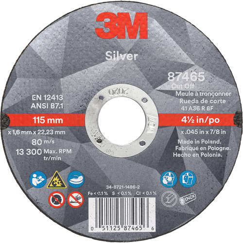 Silver Cut-Off Wheel, 4-1/2" x 0.045", 7/8" Arbor, Type 1, Ceramic, 13300 RPM Sidevic Inc.