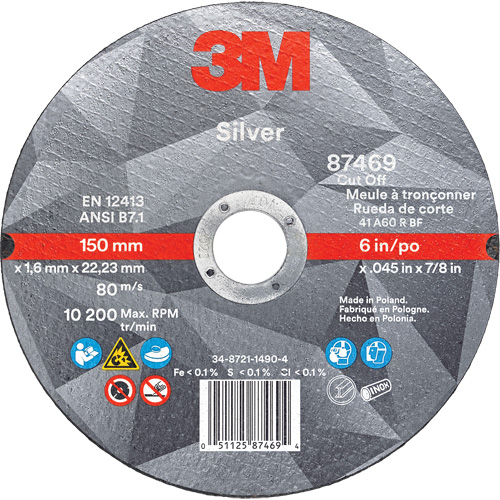 Silver Cut-Off Wheel, 6" x 0.045", 7/8" Arbor, Type 1, Ceramic, 10200 RPM Sidevic Inc.