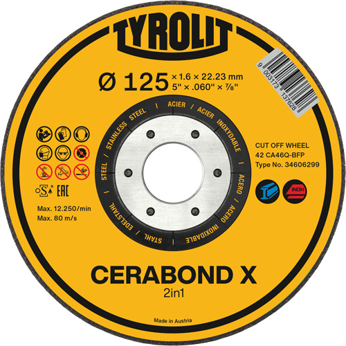 CERABOND X Cut-Off Wheel for Steel & Stainless Steel, 5" x 0.6", 7/8" Arbor, Type 1, Ceramic, 12250 RPM Sidevic Inc.