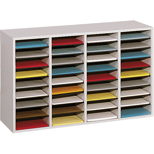 Adjustable Compartment Literature Organizer, Stationary, 36 Slots, Wood, 39-1/4" W x 11-3/4" D x 24" H Sidevic Inc.