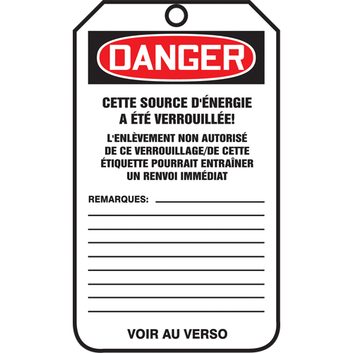 &eacute;tiquettes de s&eacute;curit&eacute; - Verrouillage, Papier cartonn&eacute;, 3-1/8" la x 5-7/8" h, Français Sidevic Inc.