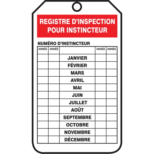 &eacute;tiquettes de s&eacute;curit&eacute; d'inspection et de contr&ocirc;le de l'&eacute;tat de l'&eacute;quipement, Papier cartonn&eacute;, 3-1/8" la x 5-7/8" h, Français Sidevic Inc.