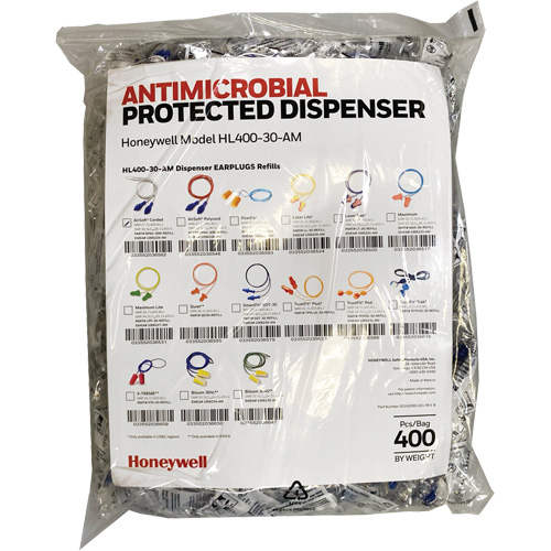 Recharge de bouchons doreille AS-30W pour le distributeur HL400, Vrac - Sac en poly, Avec cordon Sidevic Inc.