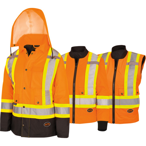 5020BBW Women's  7-in-1 Waterproof Jacket with Hood, Polyester/Polyurethane, High Visibility Orange, X-Small Sidevic Inc.