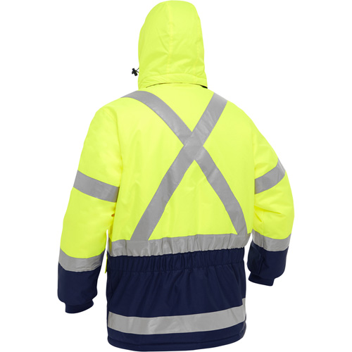 Manteau pour le froid extr&ecirc;me avec bas bleu marin et X au dos Bisley, Polyester, Jaune lime haute visibilit&eacute;, Grand Sidevic Inc.