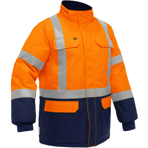 Manteau pour le froid extr&ecirc;me avec bas bleu marin et X au dos Bisley, Polyester, Orange haute visibilit&eacute;, 4T-Grand Sidevic Inc.