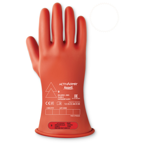 ActivArmr&reg; Electrical Insulating Class 0 Gloves, 10.5, 11" L, Level 1, ASTM D120/ATSM F2675:2021/IEC 614821-2:2014 Sidevic Inc.