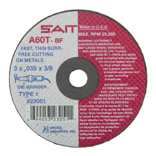 Cut-Off Wheel (A36T), 3" x 0.035", 3/8" Arbor, Type 1, Aluminum Oxide, 25000 RPM Sidevic Inc.