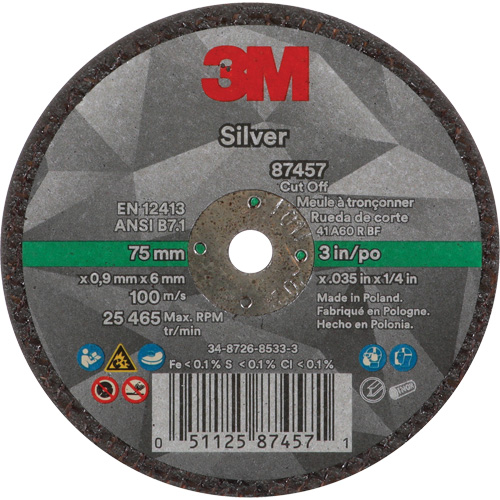 Silver Cut-Off Wheel, 3" x 0.04", 1/4"-28 Arbor, Type 1, Ceramic, 25645 RPM Sidevic Inc.