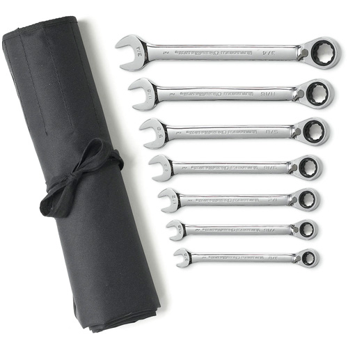 72-Tooth 12 Point Reversible Ratcheting SAE Wrench Set with Tool Roll, Combination, 7 Pieces, Imperial Sidevic Inc.