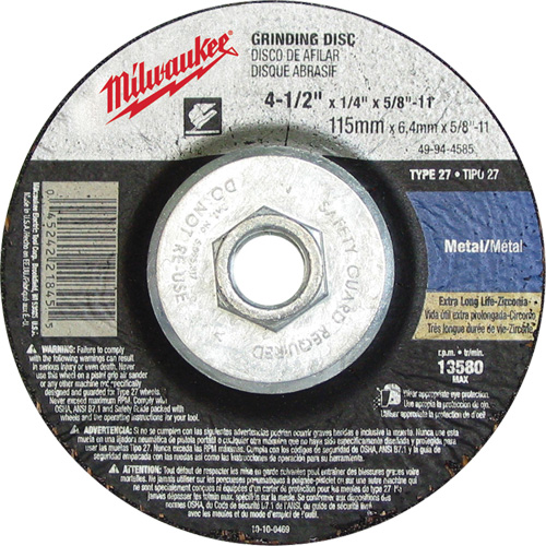 Grinding Wheel, 4-1/2" x 1/8", 5/8"-11 Arbor, Aluminum Oxide, Type 27 Sidevic Inc.