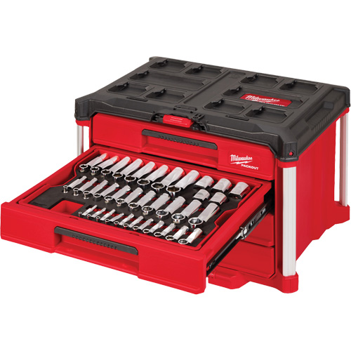 Ensemble de 242 pi&egrave;ces de douilles et cliquets m&eacute;triques et SAE 1/4", 3/8" et 1/2" avec boîte &agrave; outils PACKOUT &agrave; 4 tiroirs, 16-3/10" x 22-1/5" x 14-3/10", Noir/Rouge Sidevic Inc.