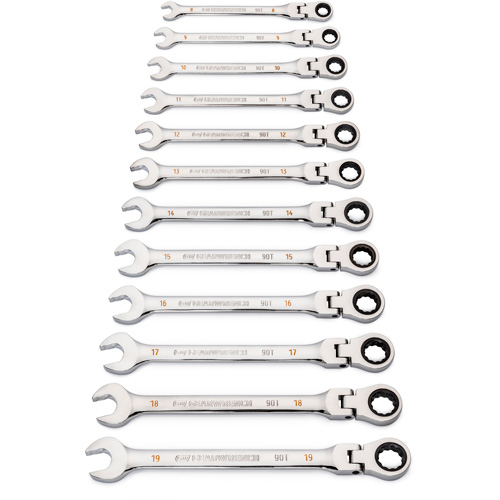 Jeu de cl&eacute;s &agrave; 12 pans et 90 dents, T&ecirc;te articul&eacute;e/Combinaison &agrave; cliquet, 12 morceaux, M&eacute;trique Sidevic Inc.