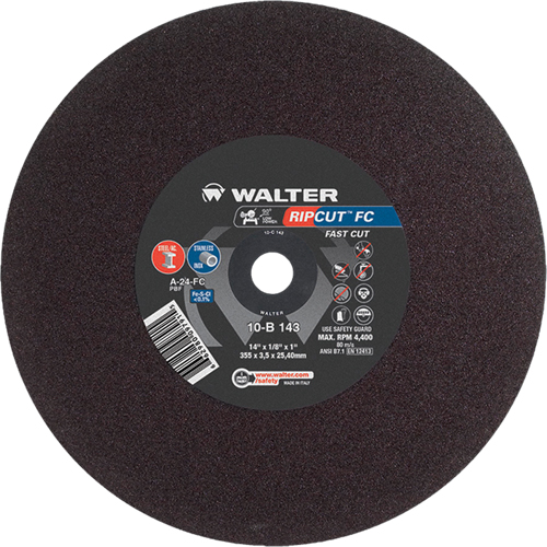 Meule &agrave; tronçonner Ripcut II pour la coupe de l'acier inoxydable et l'acier sur scies fixes, 14" x 1/8", Arbre de 1", Type 1, Oxyde d'aluminium, 4400 Tr/min Sidevic Inc.