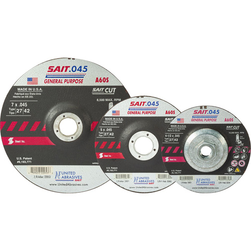 Sait Cutting Wheel, 5" x 0.045", 7/8" Arbor, Type 27, Aluminum Oxide, 12200 RPM Sidevic Inc.