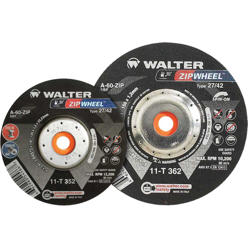 Meules &agrave; tronçonner renforc&eacute;es Zipcut vissables pour scies circulaires, 5" x 7/8", Arbre de 5/8"-11, Type 27, Oxyde d'aluminium, 12 200 Tr/min Sidevic Inc.
