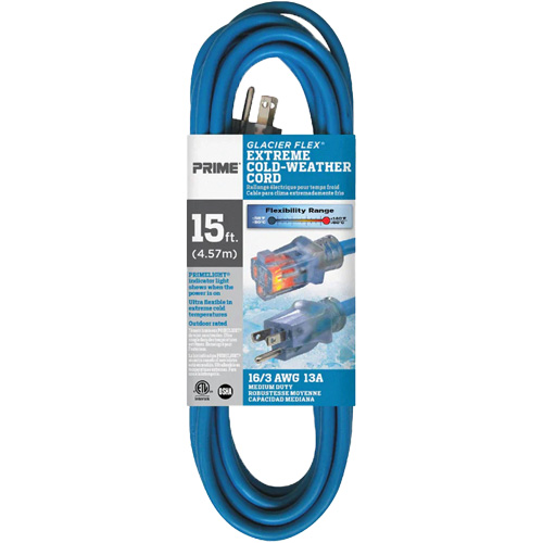 Glacier Flex&reg; Extreme Cold Weather Extension Cord, Outdoor, SJTW, 16/3 AWG, 13 A, 15' Sidevic Inc.