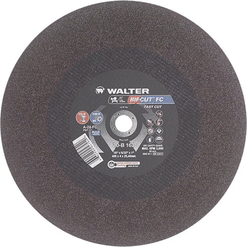 Meule &agrave; tronçonner Ripcut II pour la coupe de l'acier inoxydable et l'acier sur scies fixes, 16" x 5/32", Arbre de 1", Type 1, Oxyde d'aluminium, 3800 Tr/min Sidevic Inc.
